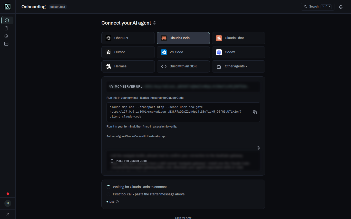 Connect-first onboarding screen in the dashboard