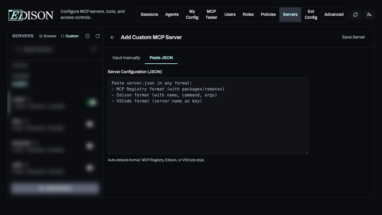 Add Custom MCP Server view
