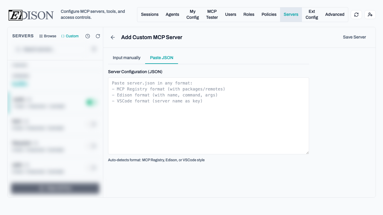 Add Custom MCP Server view